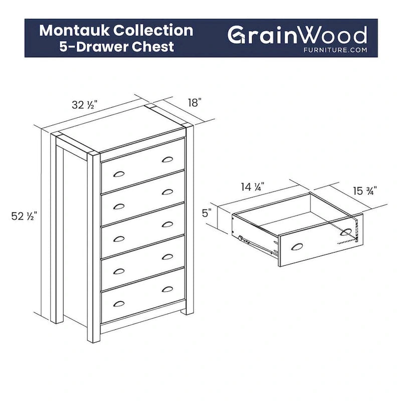 Grain Wood Furniture Montauk Kommode aus Massivholz mit 5 Schubladen