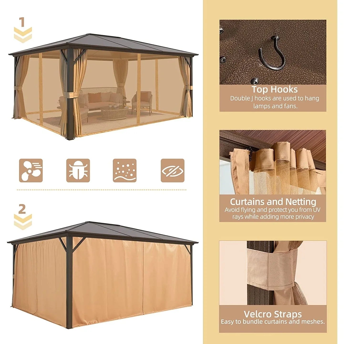 EROMMY Hardtop-Pavillon, Outdoor-Pergola mit Doppeldach & Netzen & Vorhängen, Hochleistungs-Canopy für Terrasse, Garten, Poolparty