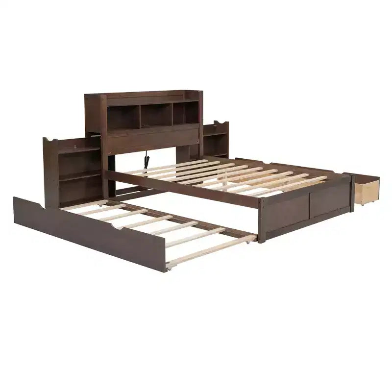 Plattformbett in voller Größe mit Stauraum, Ausziehbett, Kopfteil mit Bücherregal und Ladestation, Bettgestell aus Holz in voller Größe mit Regalen und Schubladen