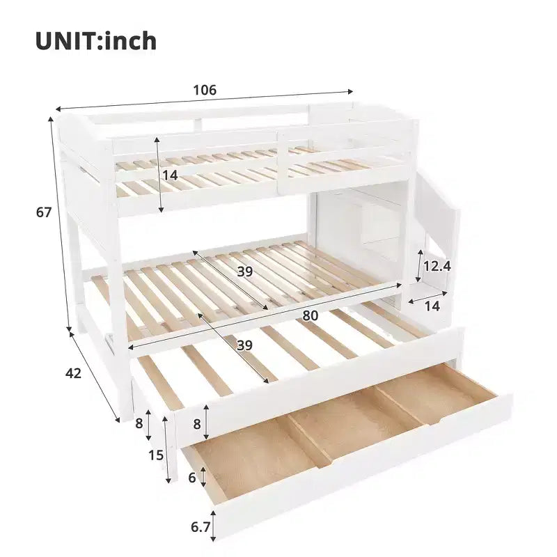 Whisen Twin XL Etagenbett mit Ausziehbett, Etagenbett mit Stauraum, Etagenbett aus Massivholz, Treppe mit Stauraum, Kleiderschrank, 3 Schubladen, für Kinder