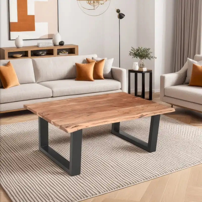 45 Inch Acacia Farmhouse Coffee Table, Live Edges, Metal Sled Base, Brown and Black