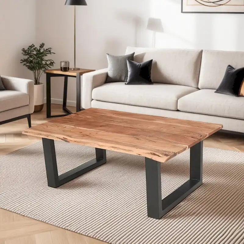 45 Zoll Akazien-Bauernhaus-Couchtisch, mit Baumkanten, Metall-Schlittenuntergestell, Braun und Schwarz