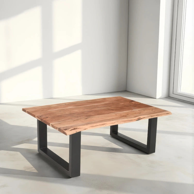 45 Zoll Akazien-Bauernhaus-Couchtisch, mit Baumkanten, Metall-Schlittenuntergestell, Braun und Schwarz