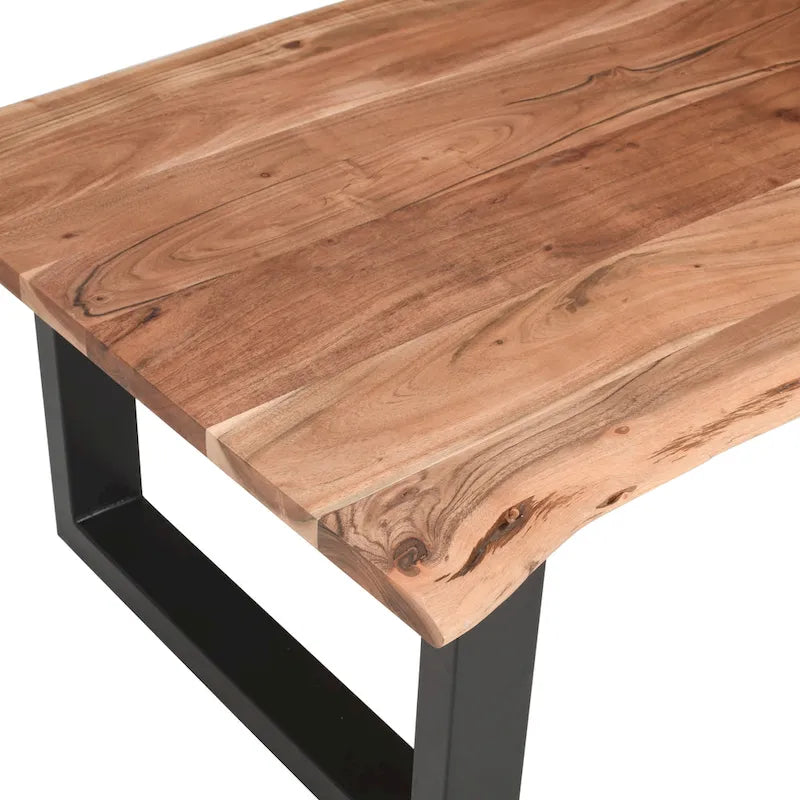 45 Zoll Akazien-Bauernhaus-Couchtisch, mit Baumkanten, Metall-Schlittenuntergestell, Braun und Schwarz