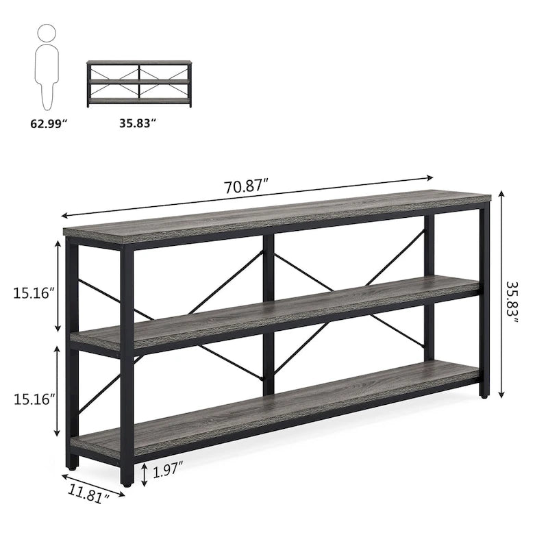 Extra langer Konsolen-Sofatisch mit Metallrahmen für den Eingangsbereich, 3-stöckiger TV-Ständer