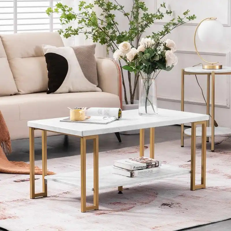 Doppellagiger Couchtisch aus Goldenem Eisenrohr mit Marmor-PVC