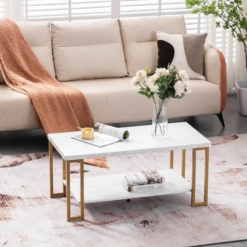 Doppellagiger Couchtisch aus Goldenem Eisenrohr mit Marmor-PVC