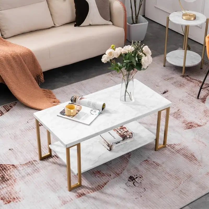 Doppellagiger Couchtisch aus Goldenem Eisenrohr mit Marmor-PVC