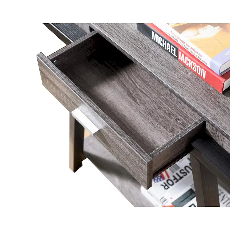 Holz-Konsolentisch mit schräger Beinauflage und Schublade, Schwarz und Grau