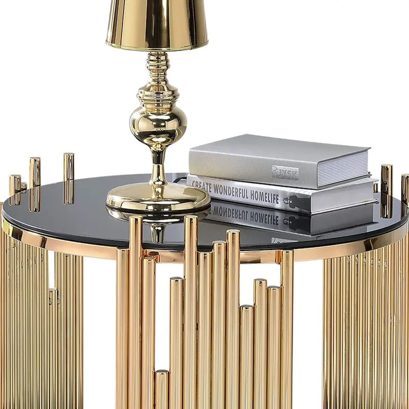 Moderner Beistelltisch aus Metall und Glas mit Röhrendesign, Schwarz und Gold
