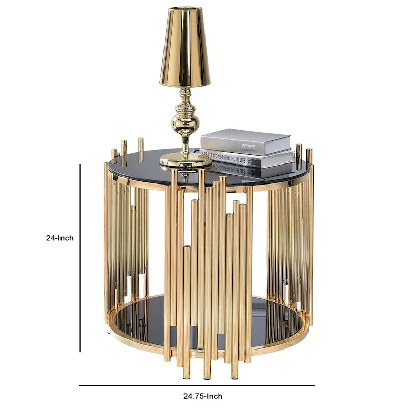 Moderner Beistelltisch aus Metall und Glas mit Röhrendesign, Schwarz und Gold