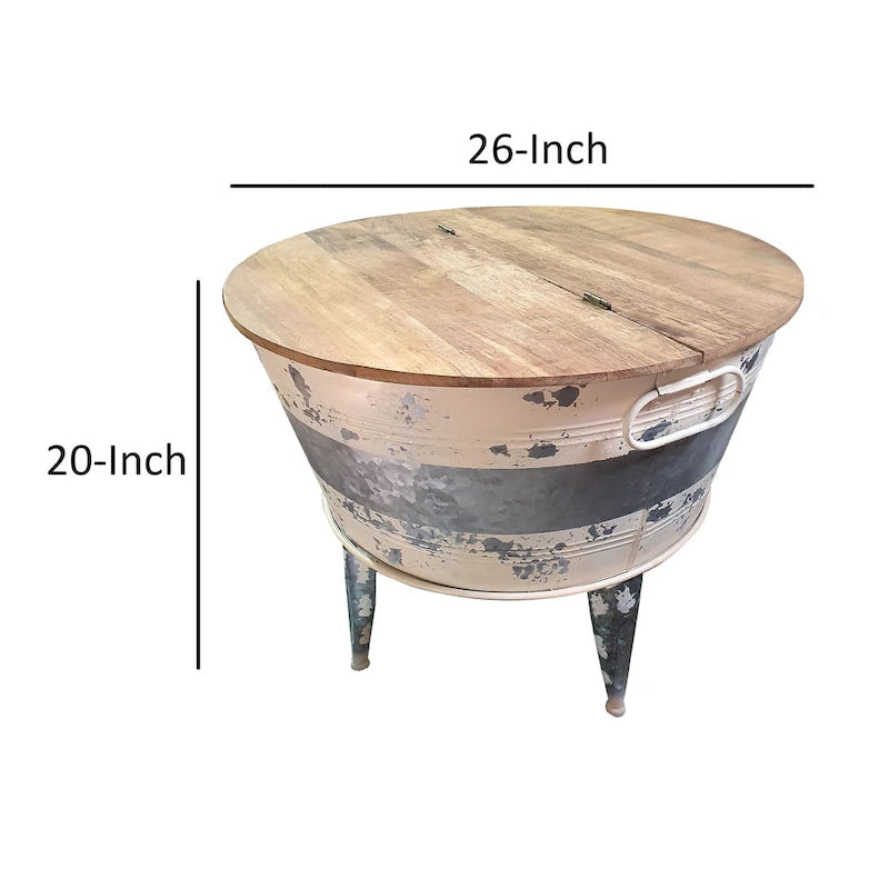 26 Zoll Akzent-Couchtisch, rund, wannenförmiger Eisenfuß, Braun, Grau, Washed White