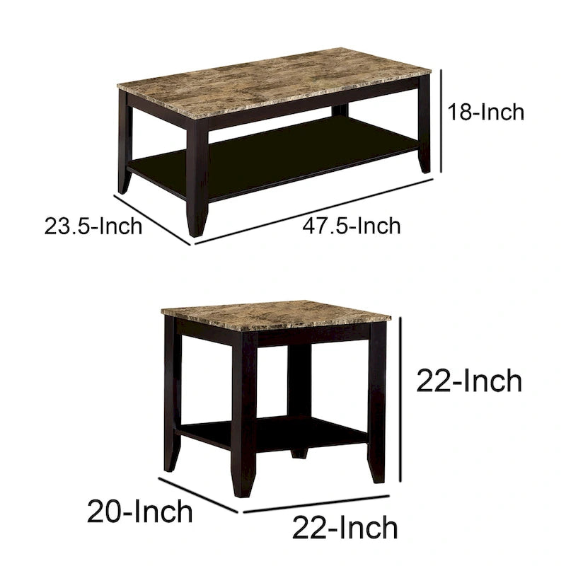 Künstlerisches 3-teiliges Beistelltisch-Set mit Marmorplatte, Braun