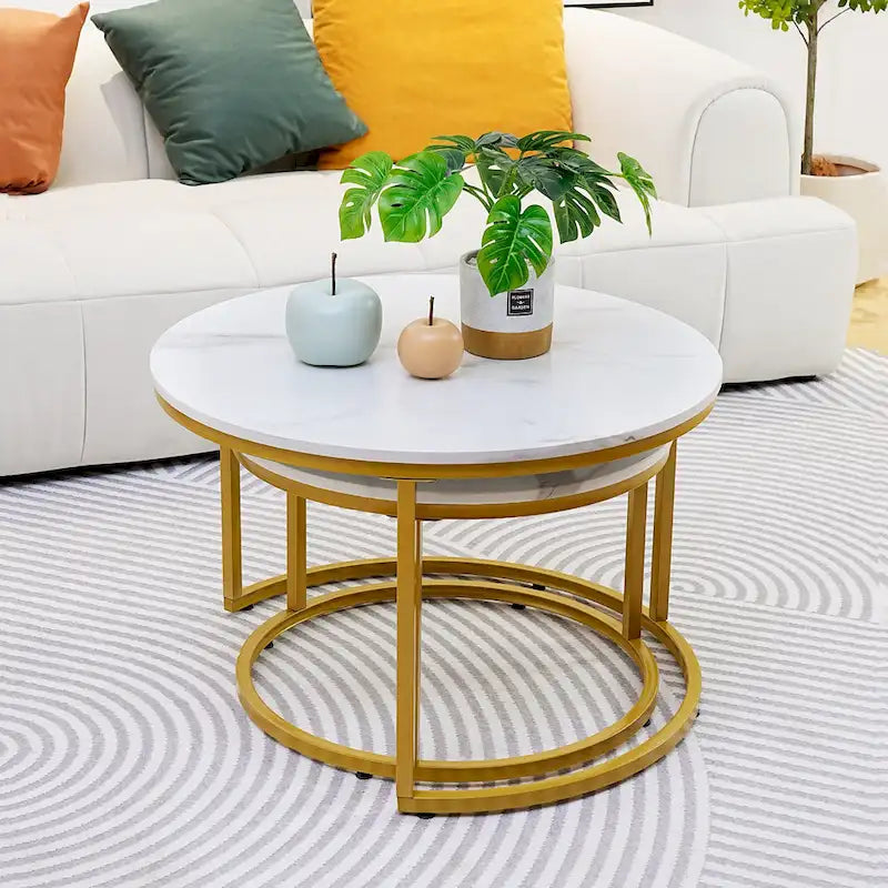 Moderner Nugzar Couchtisch Rundes Metall-Gestell im Goldenen Stil, 2er-Set