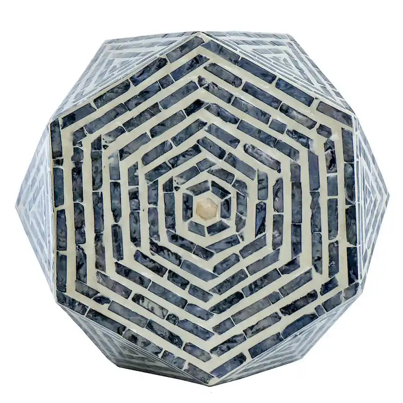 18 Zoll Beistelltisch-Hocker, sechseckiges Design, Rautenmuster, Blau, Weiß