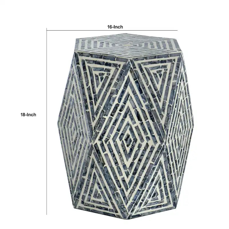 18 Zoll Beistelltisch-Hocker, sechseckiges Design, Rautenmuster, Blau, Weiß