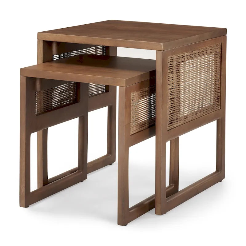 Grier Massivholz Beistelltische mit Rattan-Akzenten, quadratisch, im 2er-Set – 51L x 51B x 58H cm