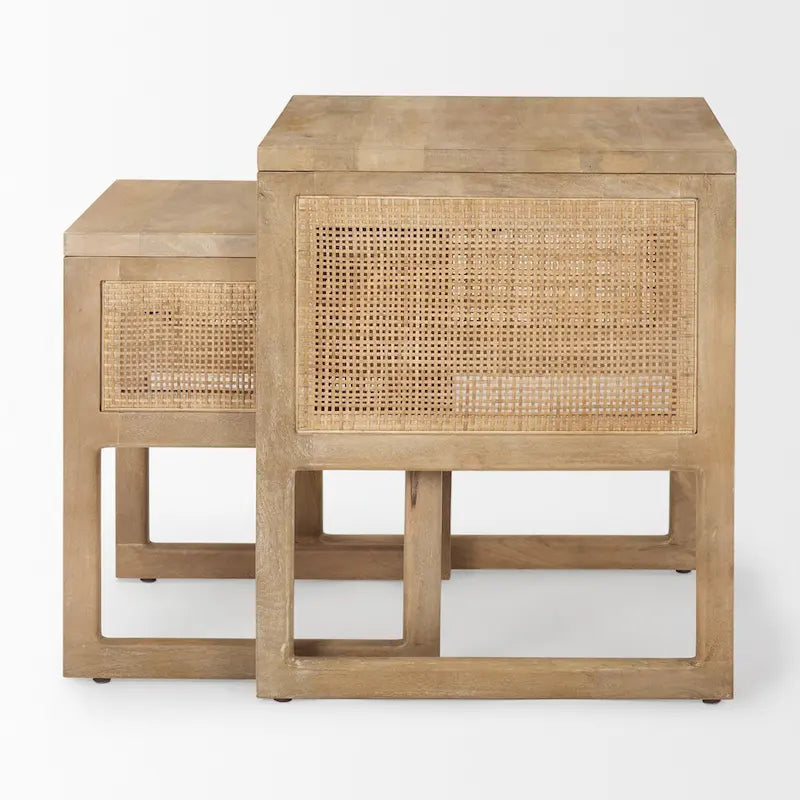Grier Massivholz Beistelltische mit Rattan-Akzenten, quadratisch, im 2er-Set – 51L x 51B x 58H cm