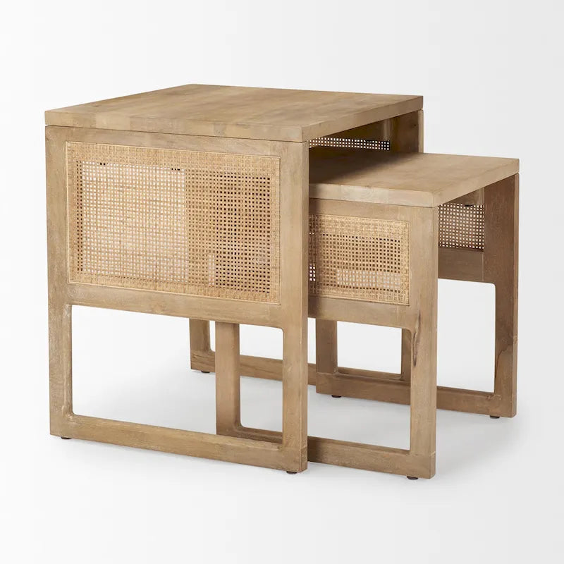 Grier Massivholz Beistelltische mit Rattan-Akzenten, quadratisch, im 2er-Set – 51L x 51B x 58H cm