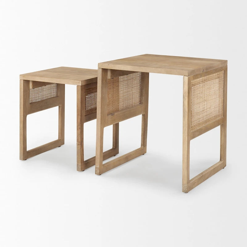 Grier Massivholz Beistelltische mit Rattan-Akzenten, quadratisch, im 2er-Set – 51L x 51B x 58H cm
