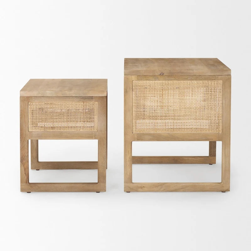 Grier Massivholz Beistelltische mit Rattan-Akzenten, quadratisch, im 2er-Set – 51L x 51B x 58H cm