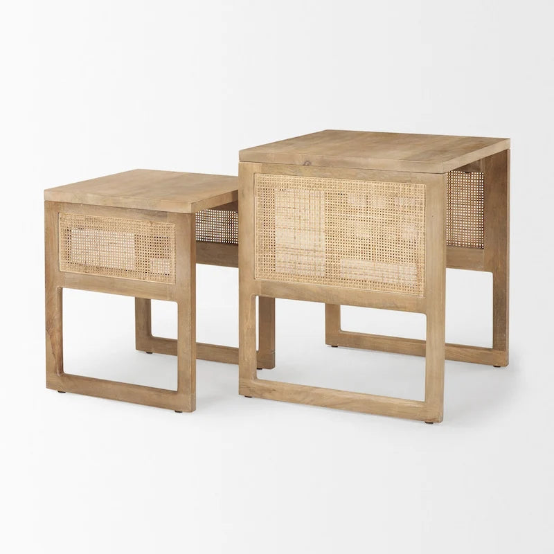 Grier Massivholz Beistelltische mit Rattan-Akzenten, quadratisch, im 2er-Set – 51L x 51B x 58H cm