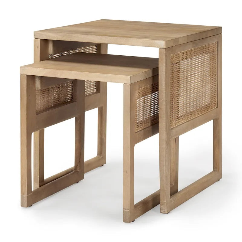 Grier Massivholz Beistelltische mit Rattan-Akzenten, quadratisch, im 2er-Set – 51L x 51B x 58H cm