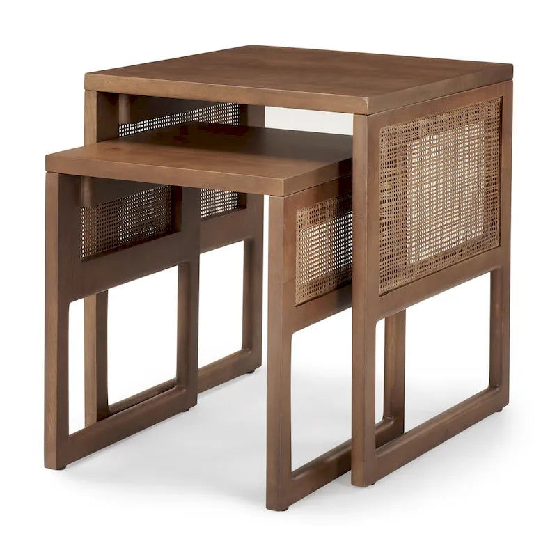 Grier Massivholz Beistelltische mit Rattan-Akzenten, quadratisch, im 2er-Set – 51L x 51B x 58H cm
