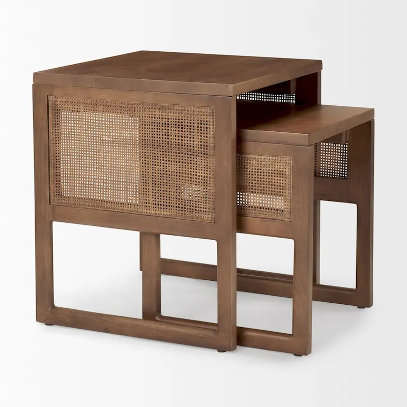 Grier Massivholz Beistelltische mit Rattan-Akzenten, quadratisch, im 2er-Set – 51L x 51B x 58H cm
