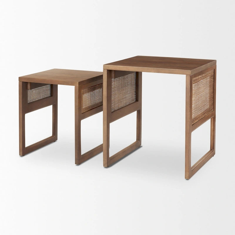 Grier Massivholz Beistelltische mit Rattan-Akzenten, quadratisch, im 2er-Set – 51L x 51B x 58H cm