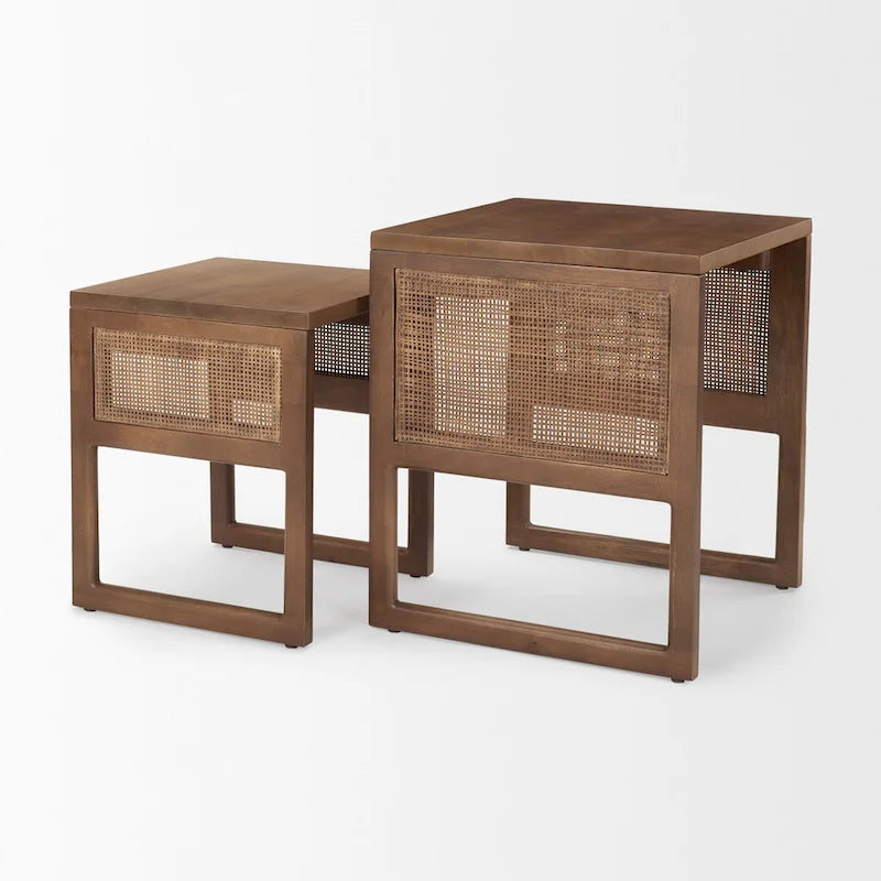 Grier Massivholz Beistelltische mit Rattan-Akzenten, quadratisch, im 2er-Set – 51L x 51B x 58H cm