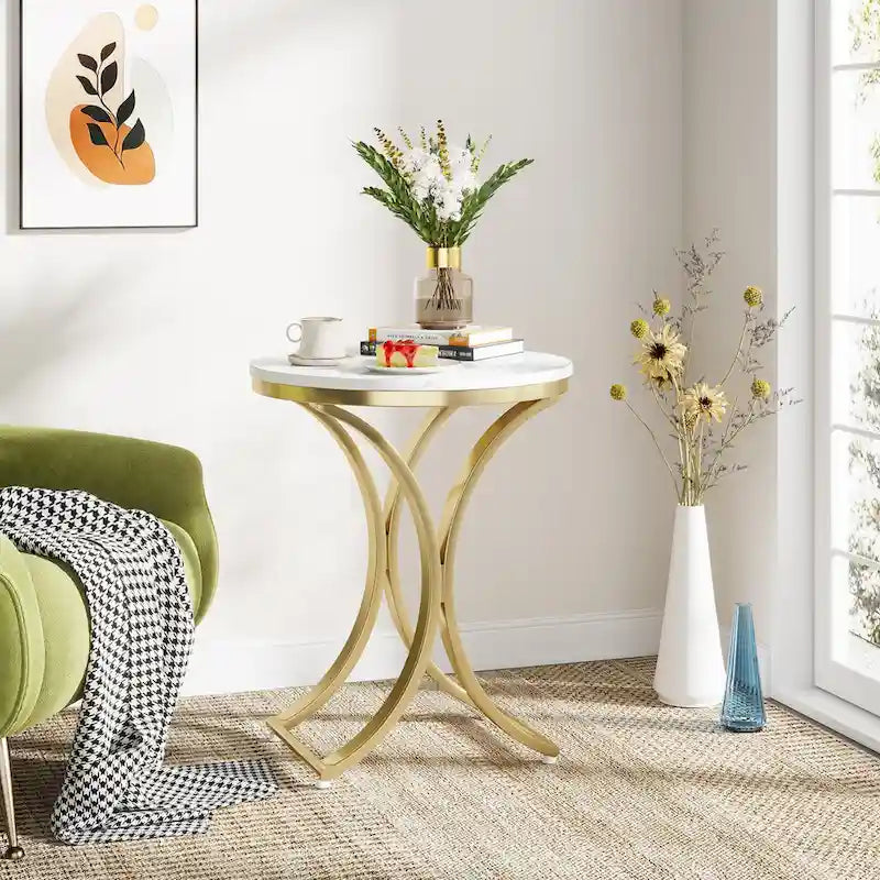 Beistelltisch aus Weißgold, runder Couchtisch, moderner kleiner Kaffeetisch, Akzent-C-Tisch