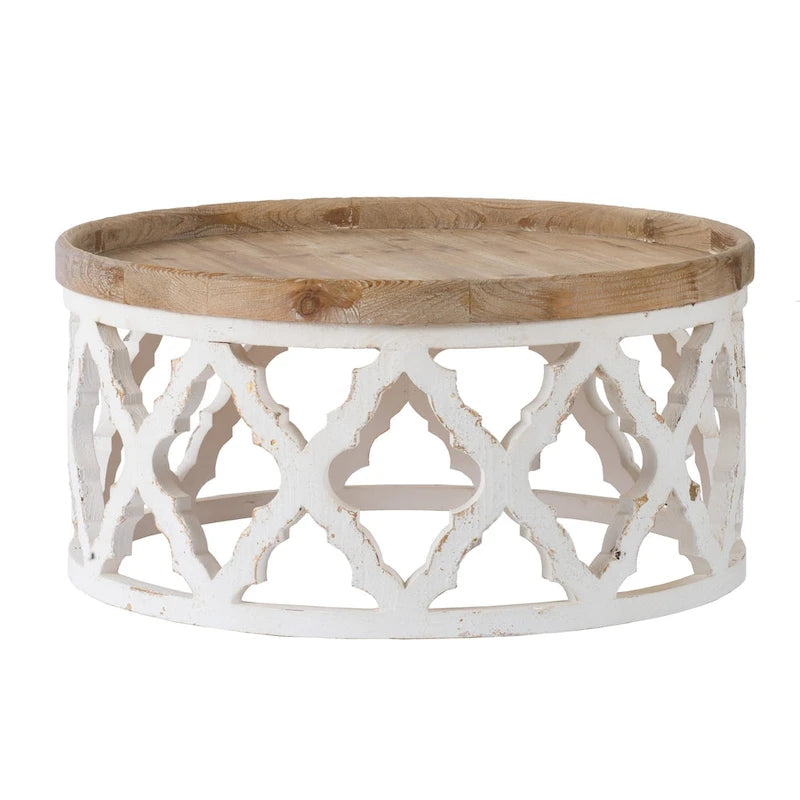 Ode 32 Zoll Couchtisch, rund, Gittermuster mit Vierpass, Braun, Weiß