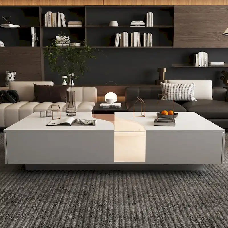 Aufbewahrungs-Meisterwerk Moderner Weißer Couchtisch mit Farbigem LED-Rand – 140 cm (B)