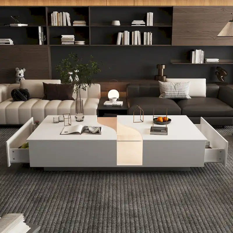 Aufbewahrungs-Meisterwerk Moderner Weißer Couchtisch mit Farbigem LED-Rand – 140 cm (B)