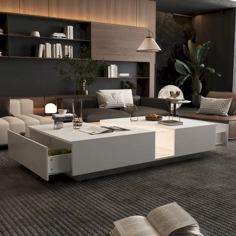 Aufbewahrungs-Meisterwerk Moderner Weißer Couchtisch mit Farbigem LED-Rand – 140 cm (B)