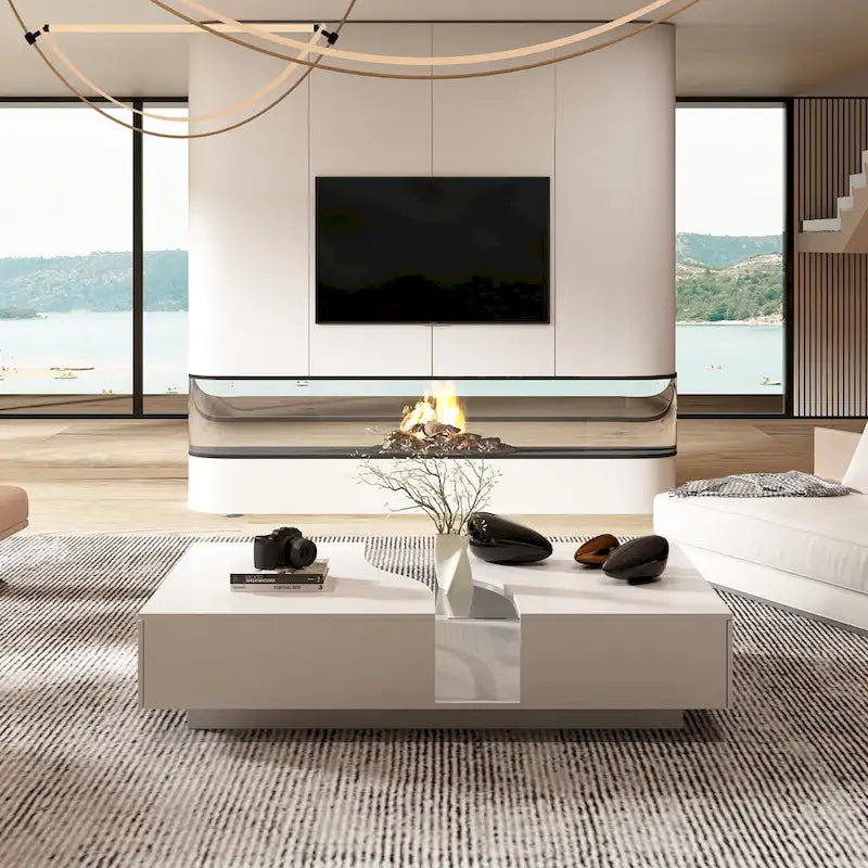 Aufbewahrungs-Meisterwerk Moderner Weißer Couchtisch mit Farbigem LED-Rand – 140 cm (B)