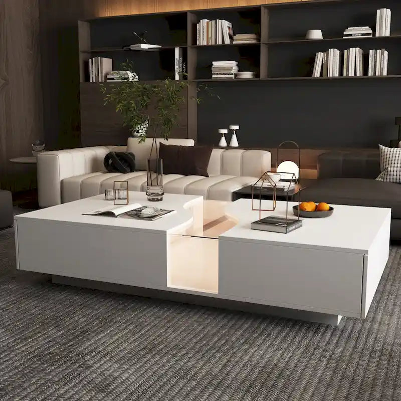 Aufbewahrungs-Meisterwerk Moderner Weißer Couchtisch mit Farbigem LED-Rand – 140 cm (B)