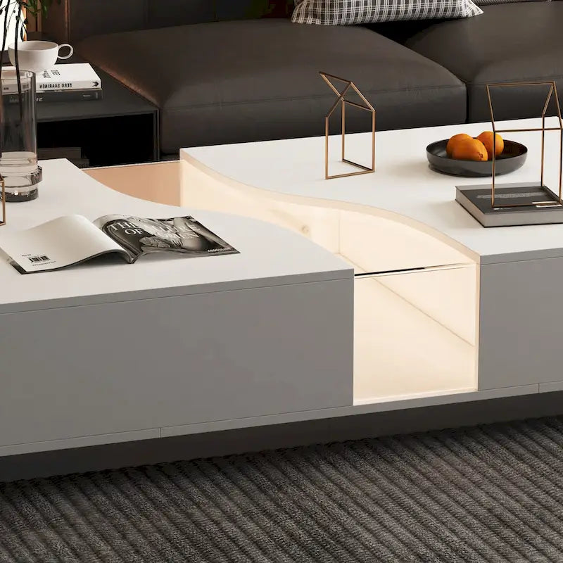 Aufbewahrungs-Meisterwerk Moderner Weißer Couchtisch mit Farbigem LED-Rand – 140 cm (B)