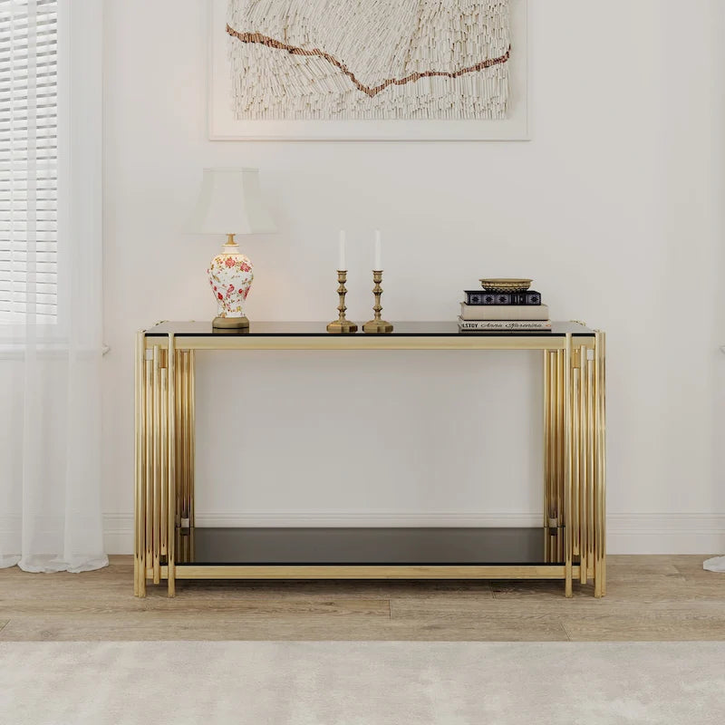 Moderner Glaskonsolentisch, 55 Gold Sofa-Tisch mit stabilem Metallrahmen und schwarzer gehärteter Glasplatte, für Wohnzimmer, Eingangsbereich B