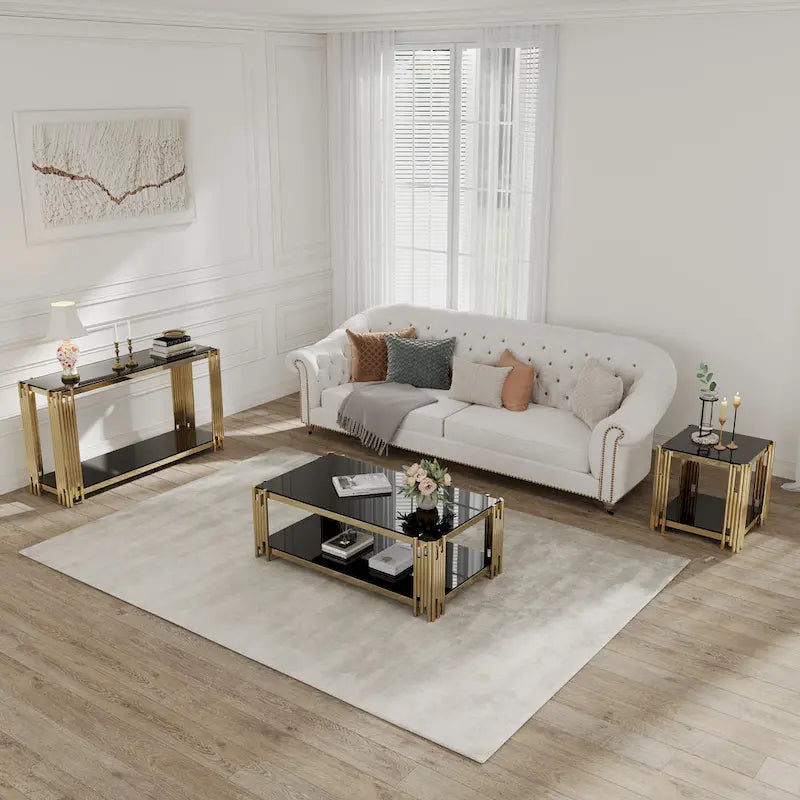 Moderner Glaskonsolentisch, 55 Gold Sofa-Tisch mit stabilem Metallrahmen und schwarzer gehärteter Glasplatte, für Wohnzimmer, Eingangsbereich B