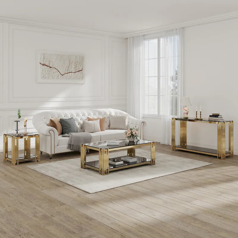 Moderner Glaskonsolentisch, 55 Gold Sofa-Tisch mit stabilem Metallrahmen und schwarzer gehärteter Glasplatte, für Wohnzimmer, Eingangsbereich B