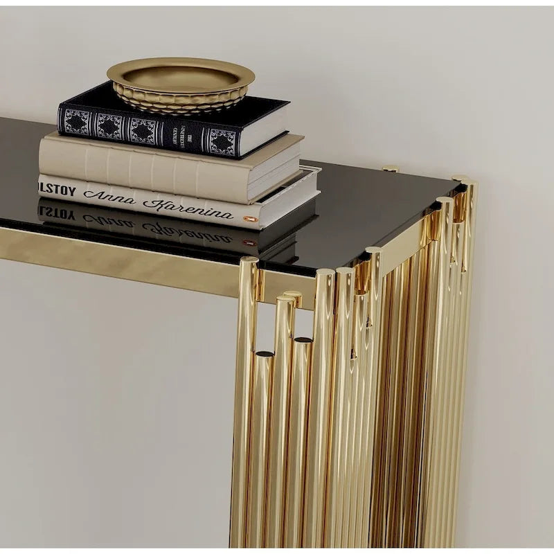 Moderner Glaskonsolentisch, 55 Gold Sofa-Tisch mit stabilem Metallrahmen und schwarzer gehärteter Glasplatte, für Wohnzimmer, Eingangsbereich B
