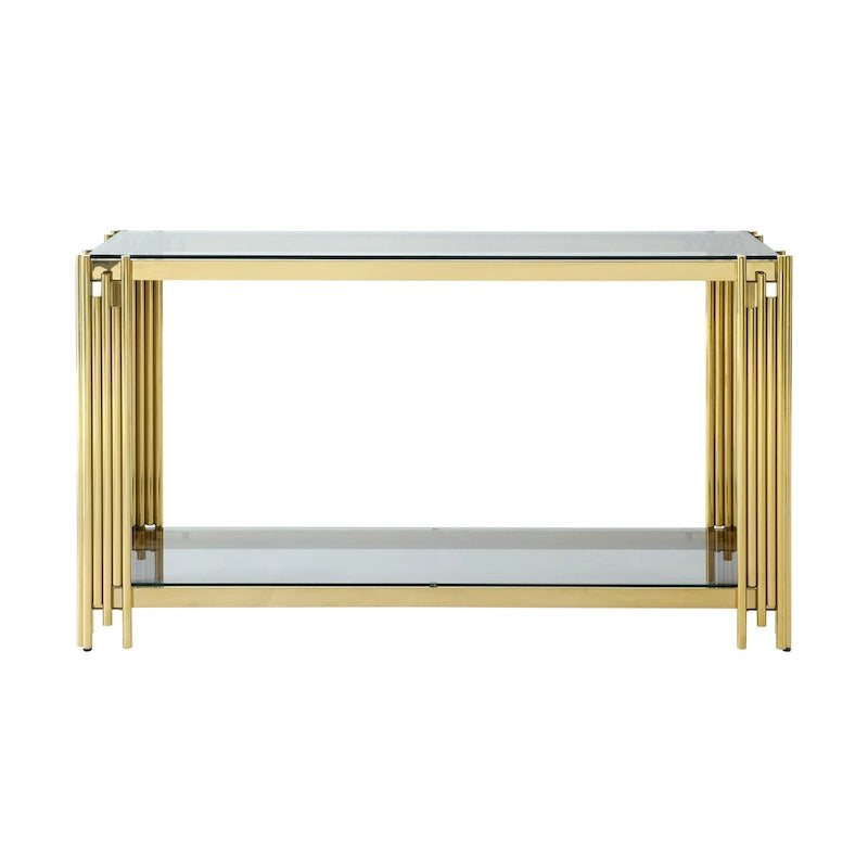 Moderner Glaskonsolentisch, 55 Gold Sofa-Tisch mit stabilem Metallrahmen und schwarzer gehärteter Glasplatte, für Wohnzimmer, Eingangsbereich B