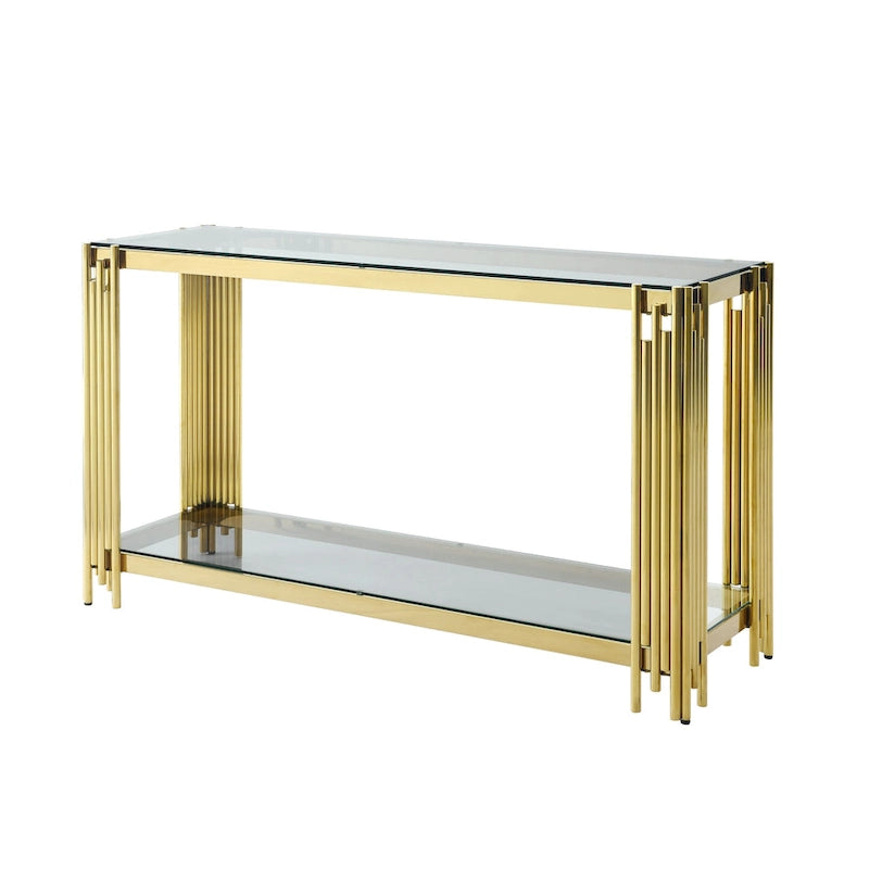 Moderner Glaskonsolentisch, 55 Gold Sofa-Tisch mit stabilem Metallrahmen und schwarzer gehärteter Glasplatte, für Wohnzimmer, Eingangsbereich B