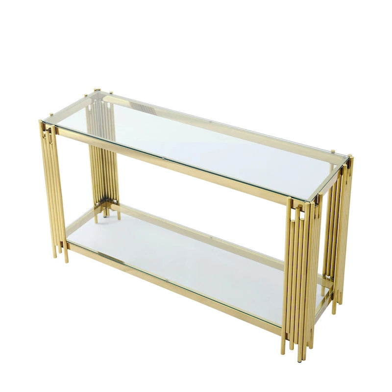 Moderner Glaskonsolentisch, 55 Gold Sofa-Tisch mit stabilem Metallrahmen und schwarzer gehärteter Glasplatte, für Wohnzimmer, Eingangsbereich B