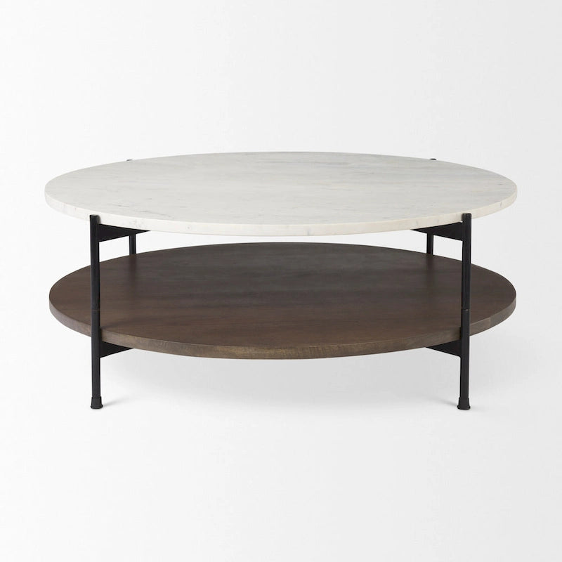 Runder Couchtisch Larkin mit doppelter Platte aus weißem Marmor und Massivholz