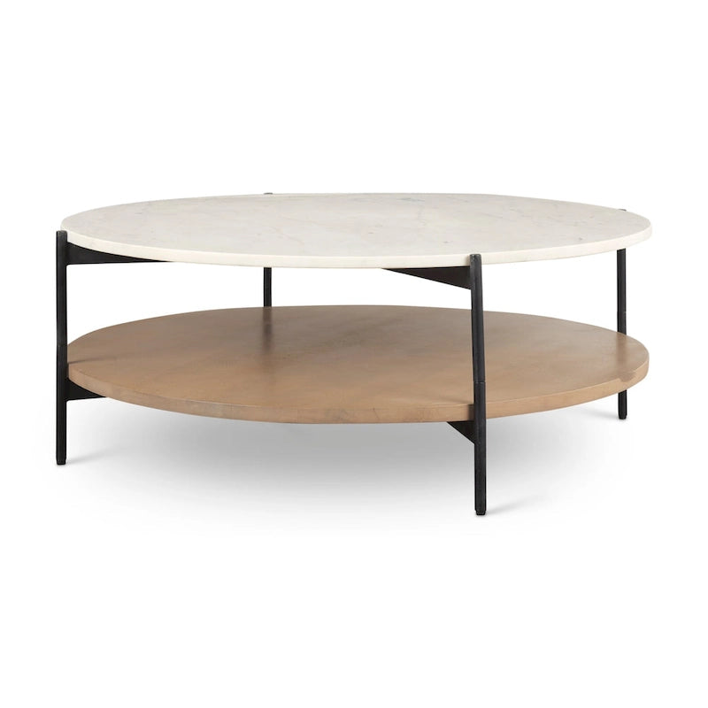 Runder Couchtisch Larkin mit doppelter Platte aus weißem Marmor und Massivholz