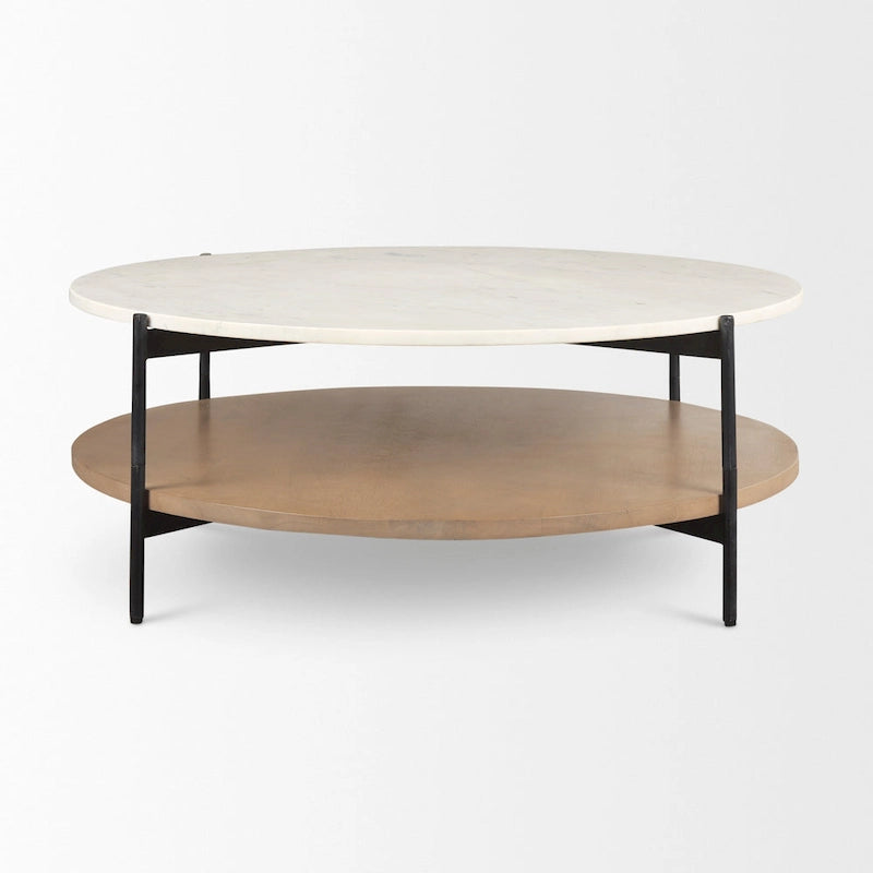 Runder Couchtisch Larkin mit doppelter Platte aus weißem Marmor und Massivholz