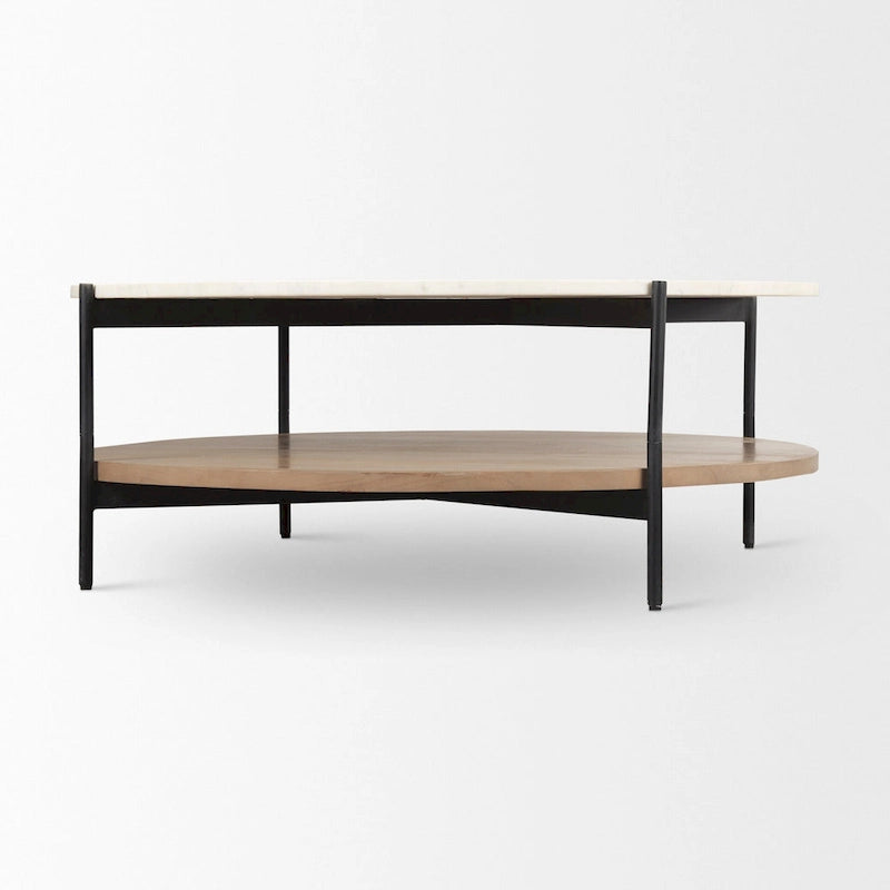 Runder Couchtisch Larkin mit doppelter Platte aus weißem Marmor und Massivholz